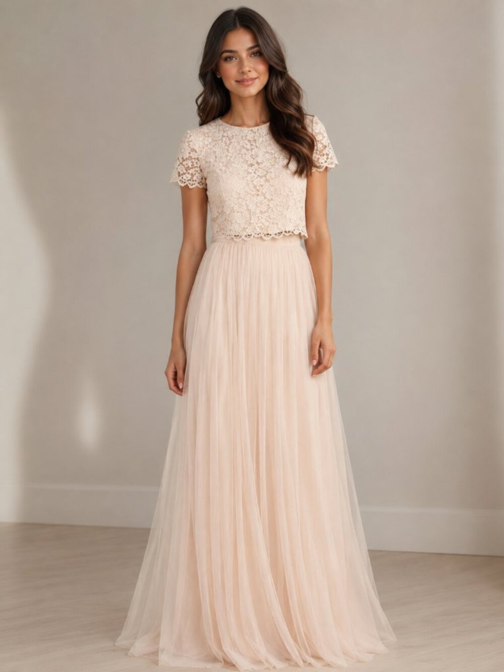 Donna Morgan Collection 2-Piece Ivory Lace Top & Pleated Maxi Skirt Set Size 4